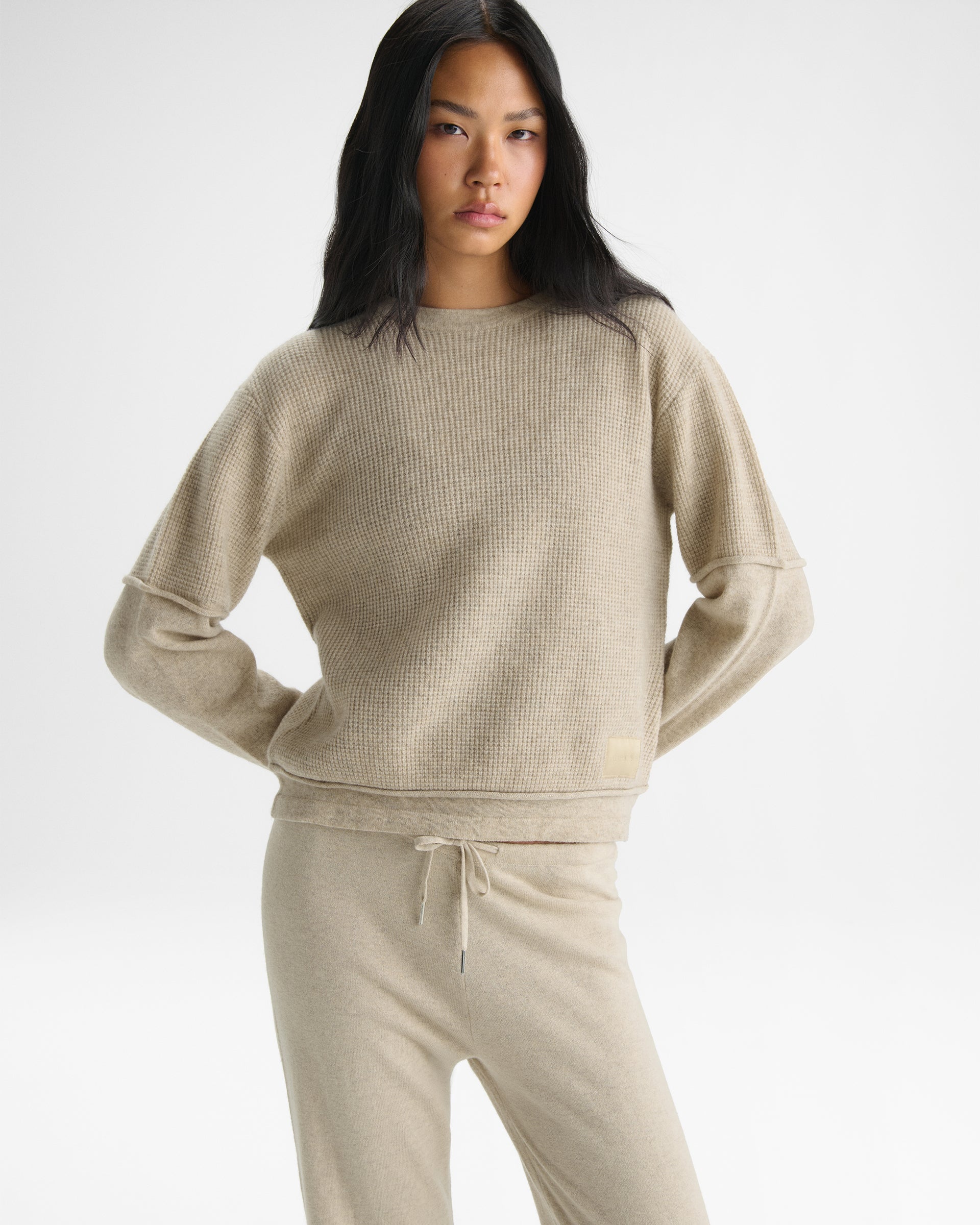 Double Layered Cashmere Blend Knit Long Sleeve Top - Oatmeal Marl