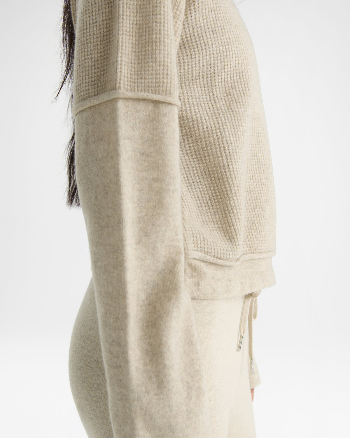 Double Layered Cashmere Blend Knit Long Sleeve Top - Oatmeal Marl