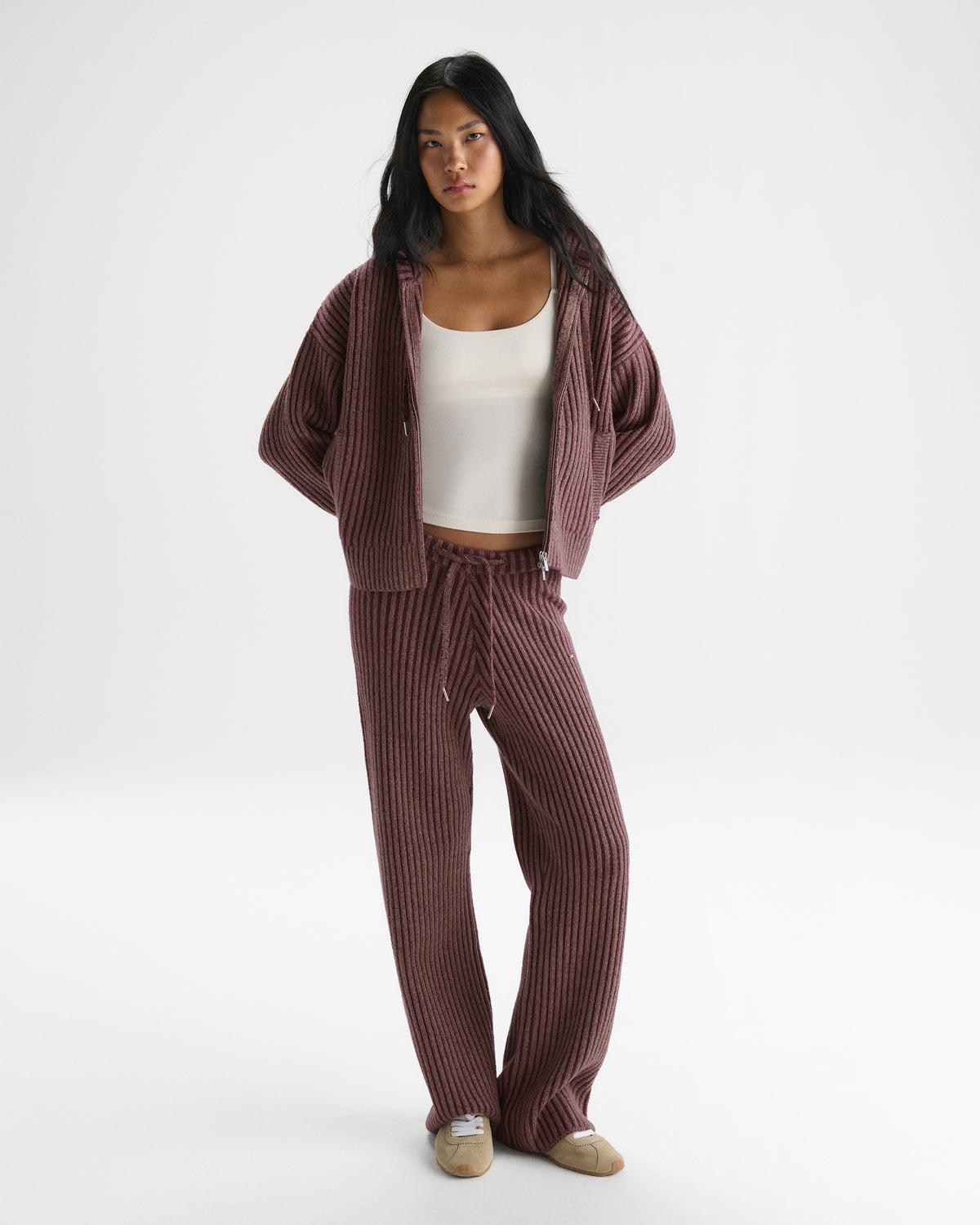 Two Tone Rib Knit Zip Through Hoodie - Damson Red
