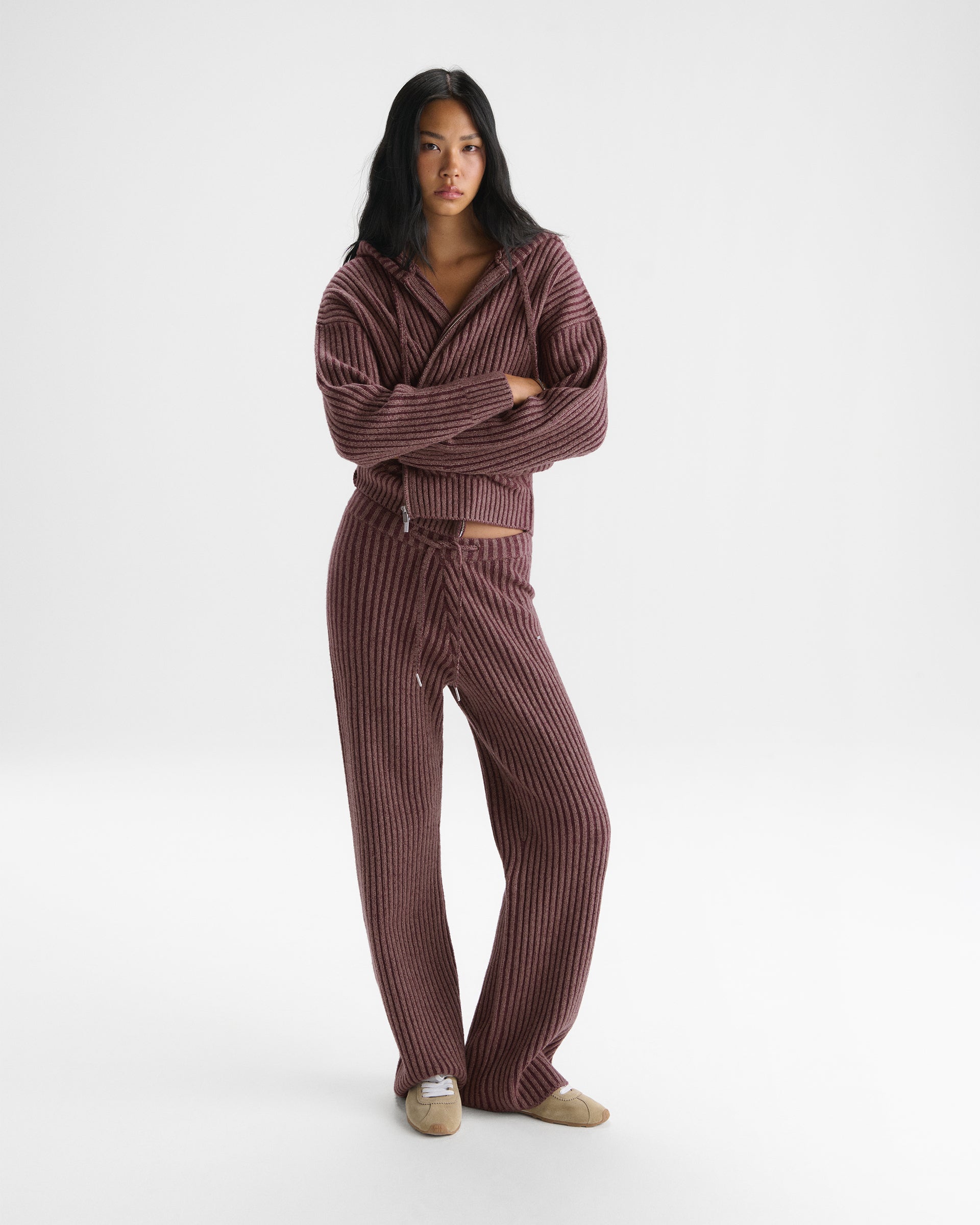Two Tone Rib Knit Pants - Damson Red