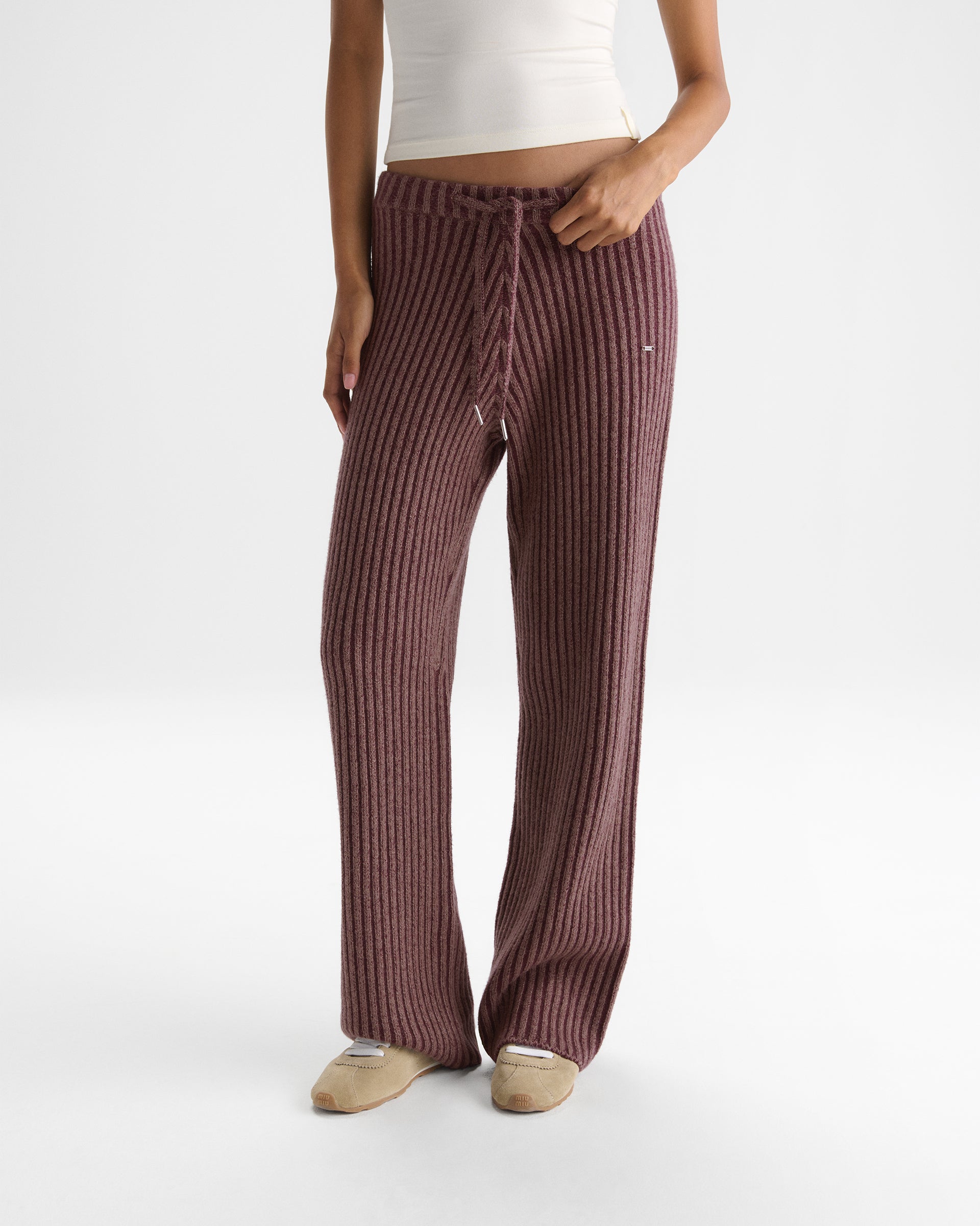 Two Tone Rib Knit Pants - Damson Red