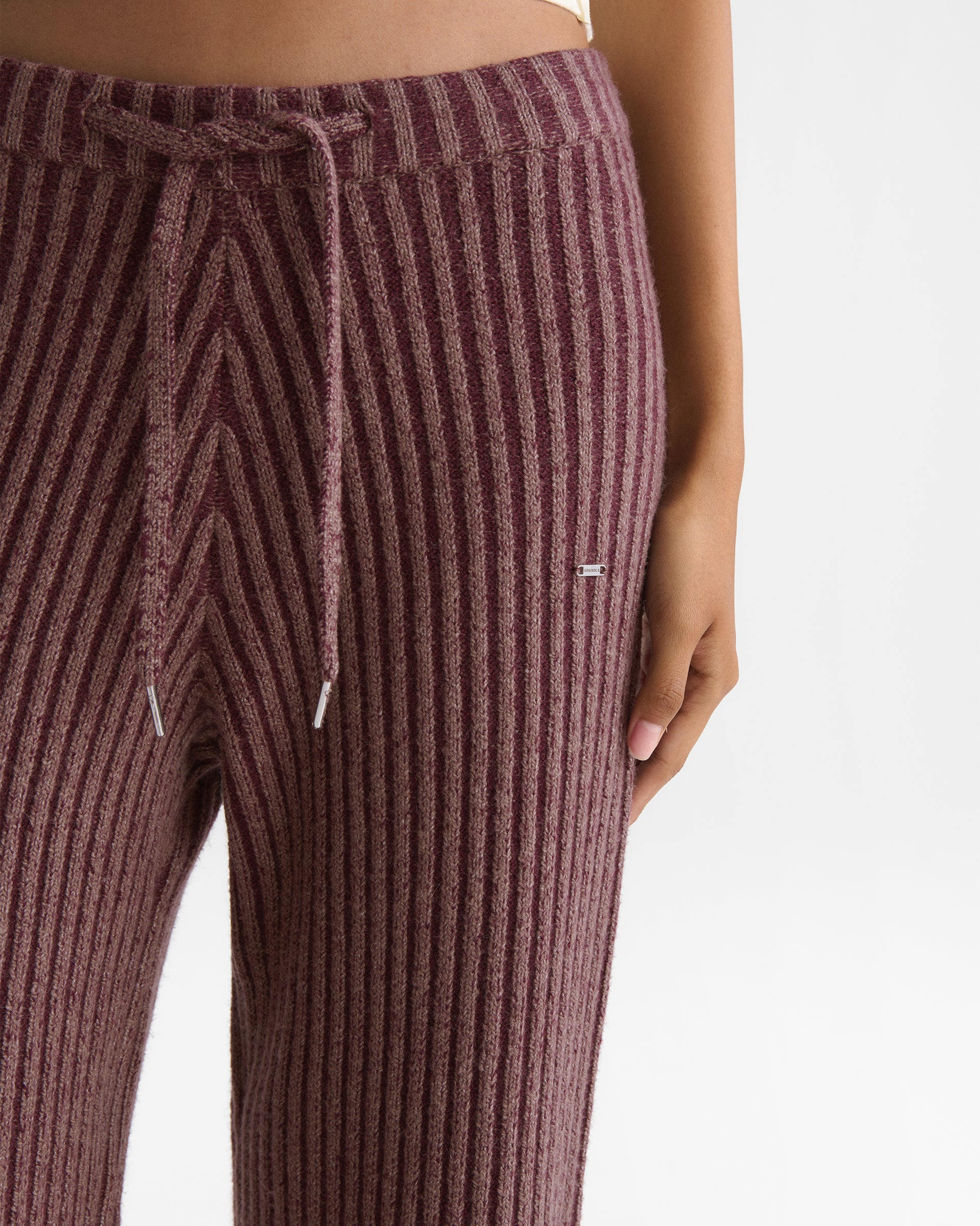 Two Tone Rib Knit Pants - Damson Red