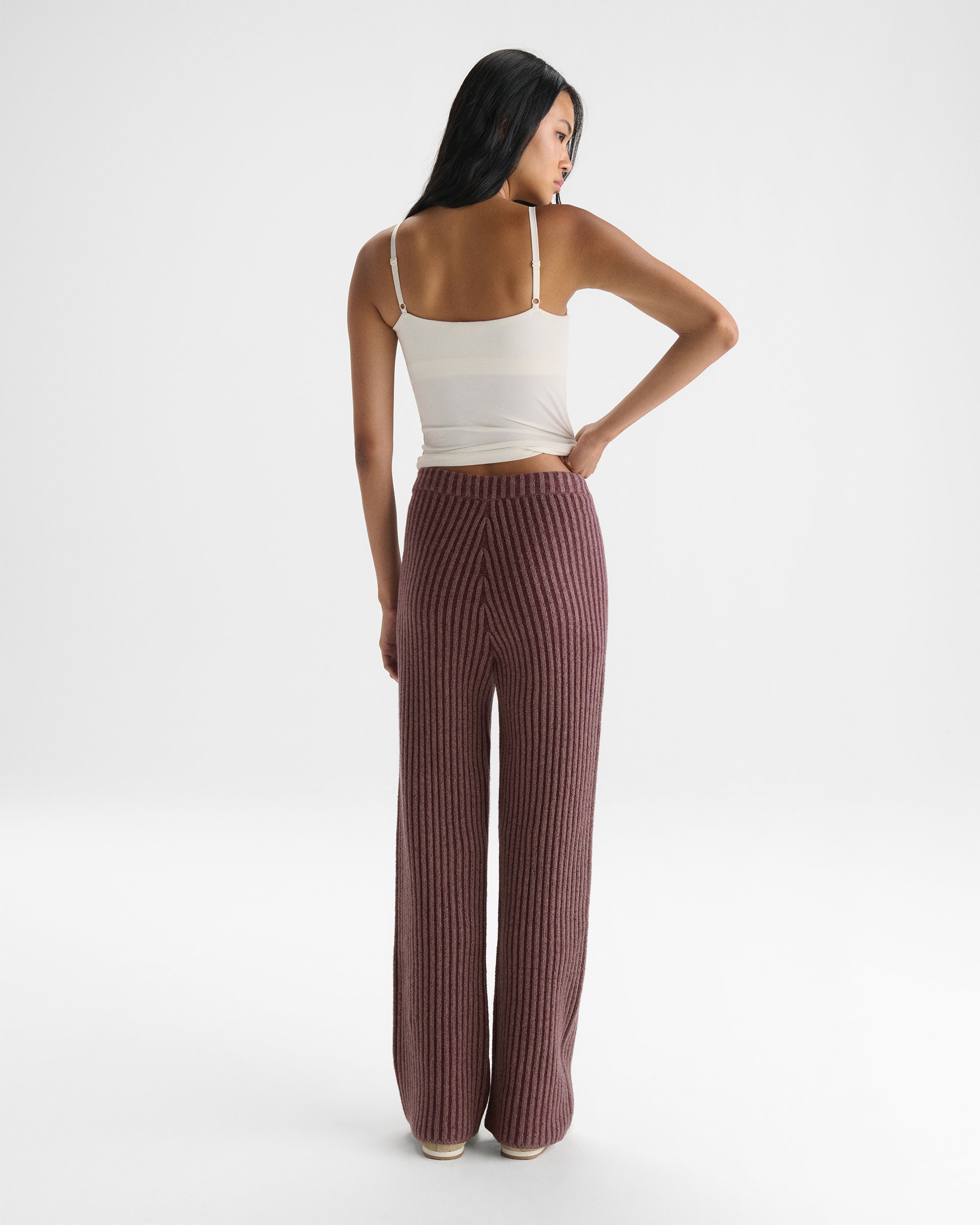 Two Tone Rib Knit Pants - Damson Red