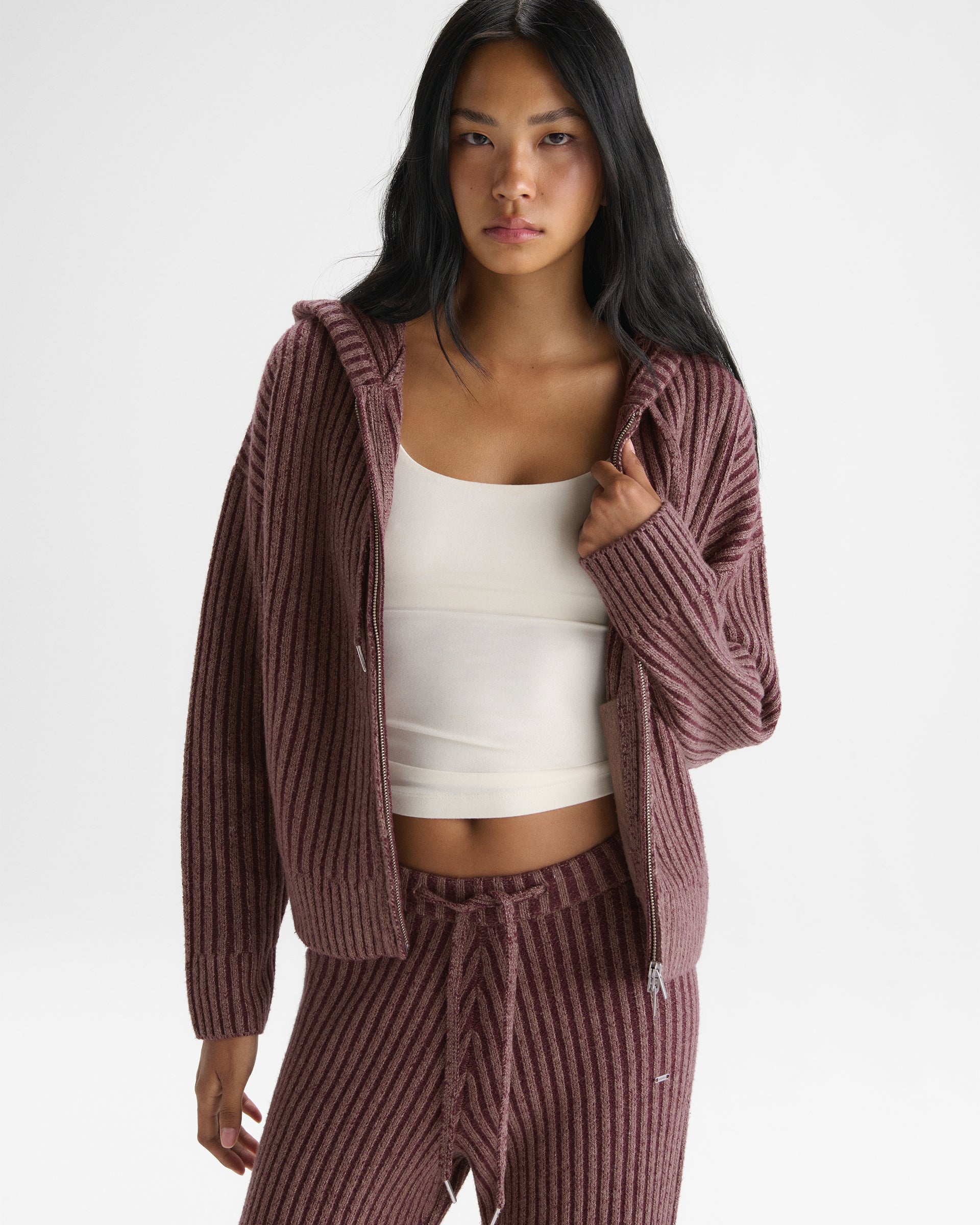 Two Tone Rib Knit Zip Through Hoodie - Damson Red