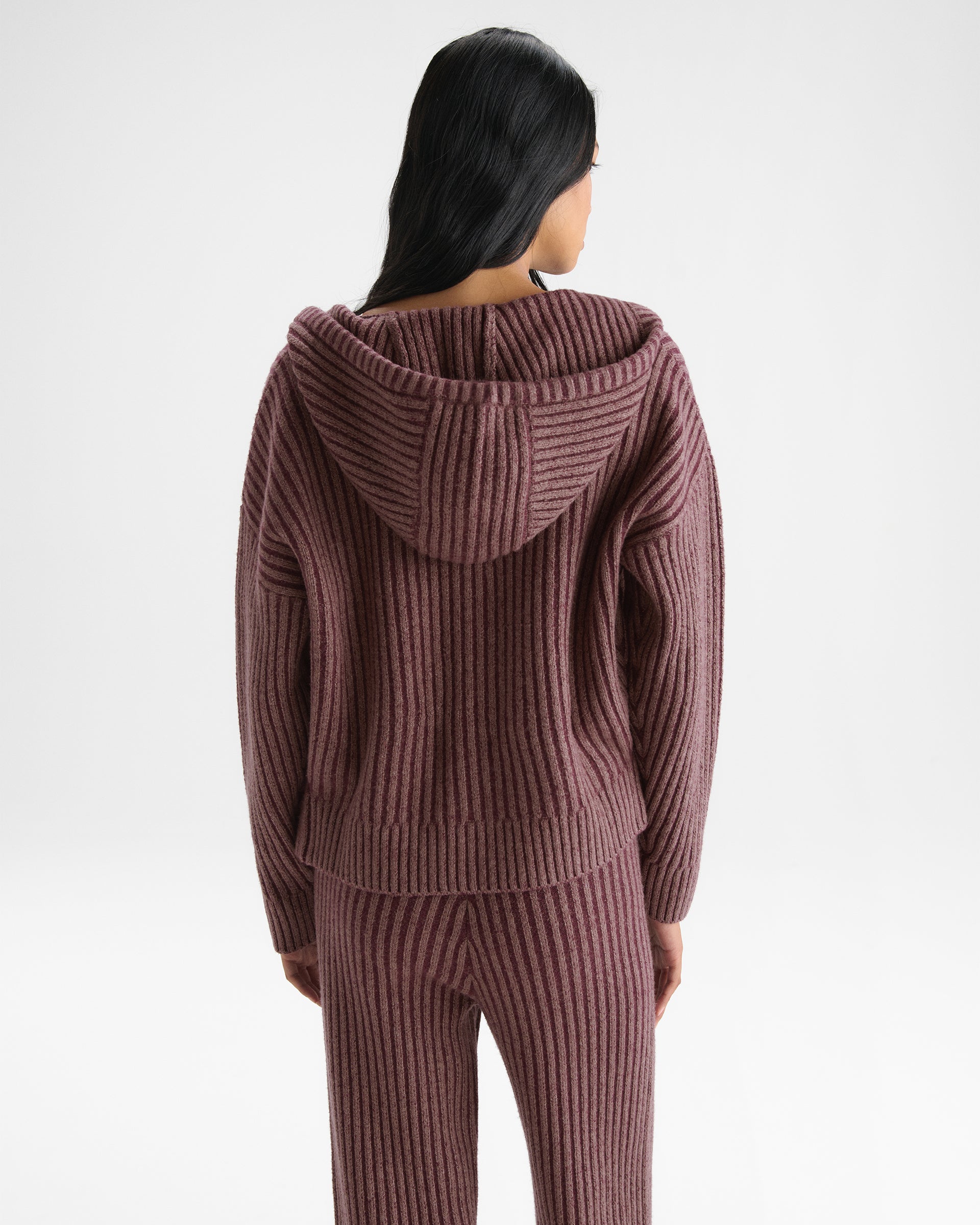 Two Tone Rib Knit Zip Through Hoodie - Damson Red