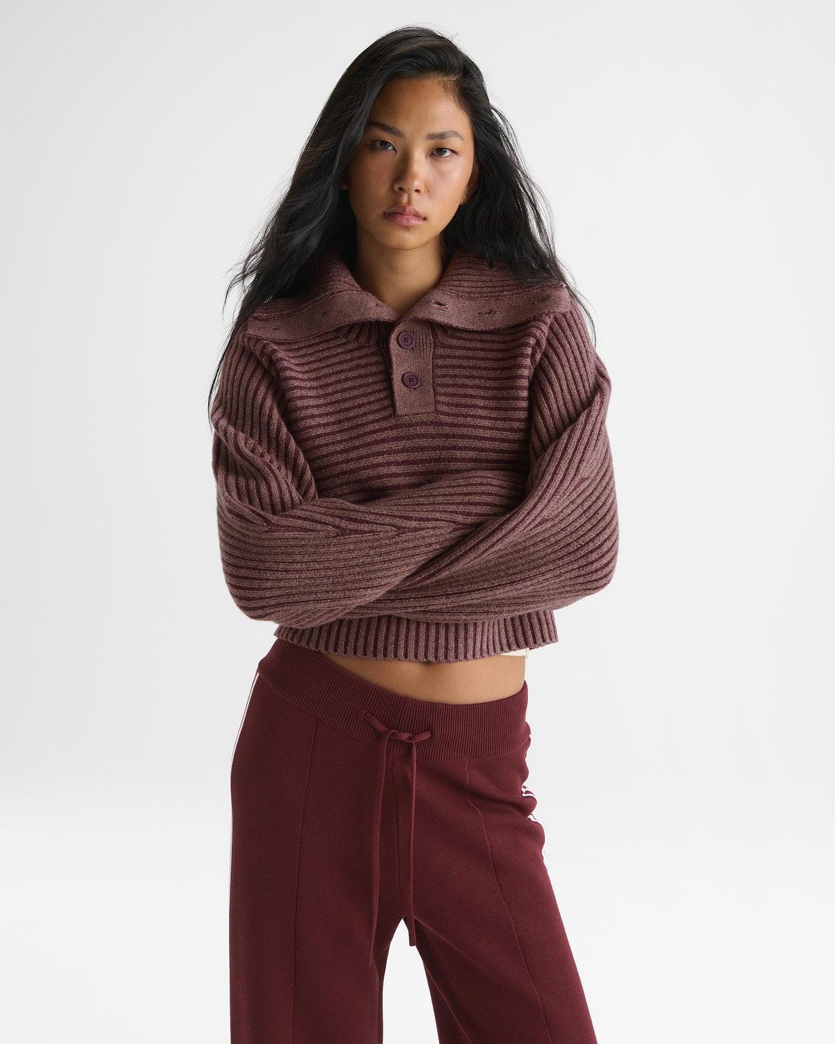Two Tone Rib Knit Henley Sweatshirt - Damson Red