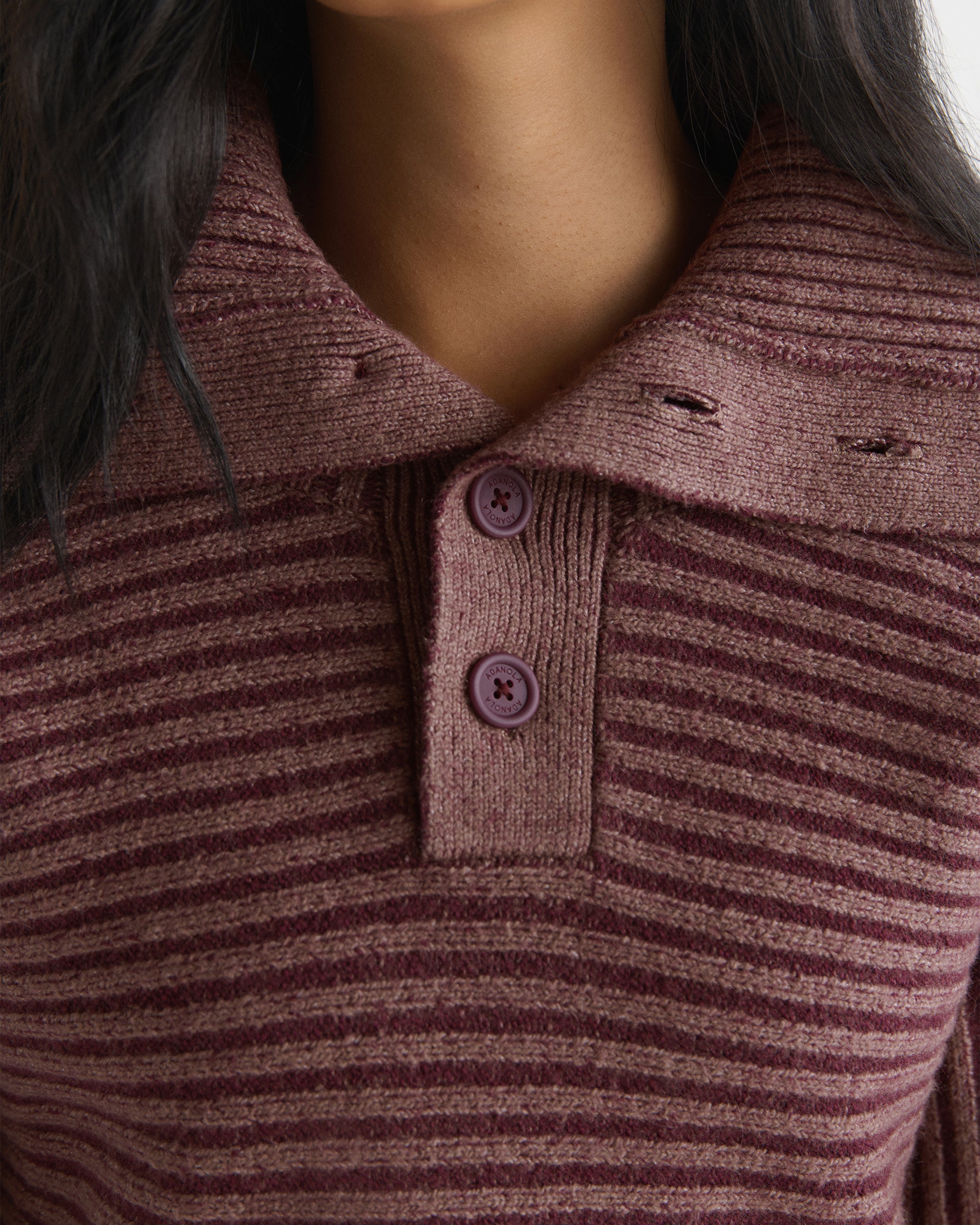 Two Tone Rib Knit Henley Sweatshirt - Damson Red