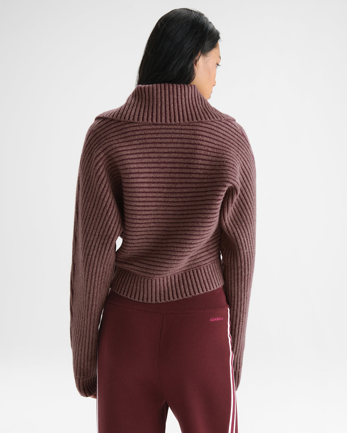 Two Tone Rib Knit Henley Sweatshirt - Damson Red