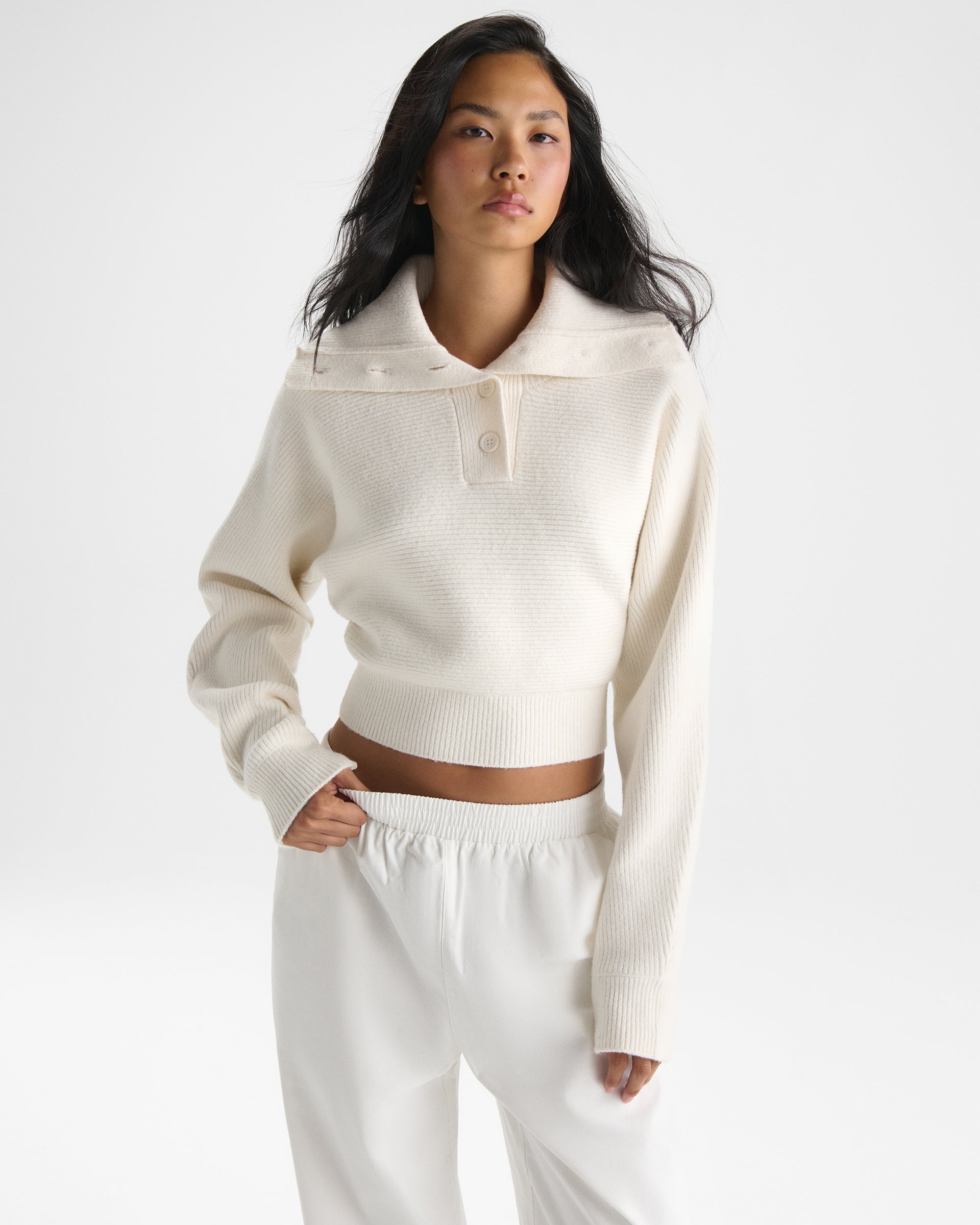 Rib Knit Henley Sweatshirt - Marshmallow White
