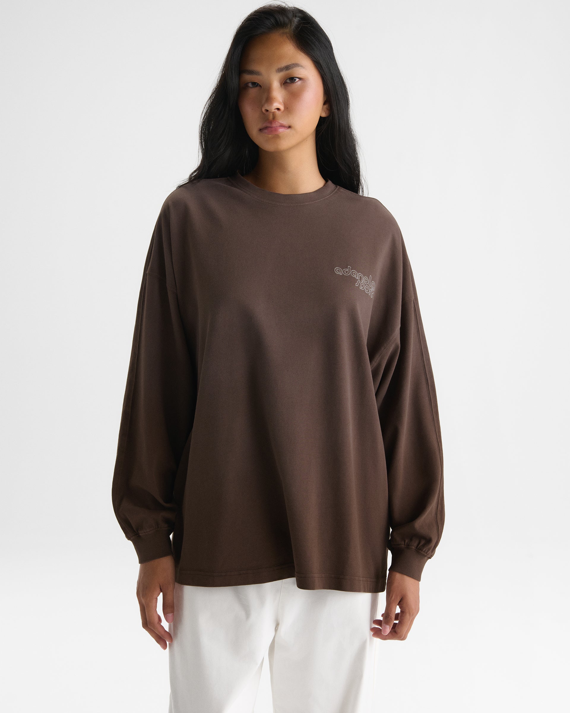 Adanola Sport Washed Long Sleeve Top - Chocolate Brown/Marshmallow White