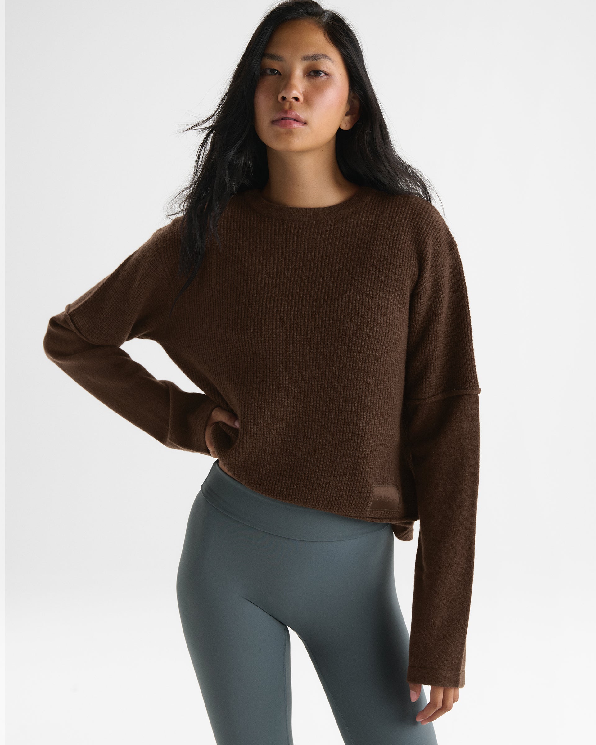 Double Layered Cashmere Knit Long Sleeve Top - Chocolate Brown