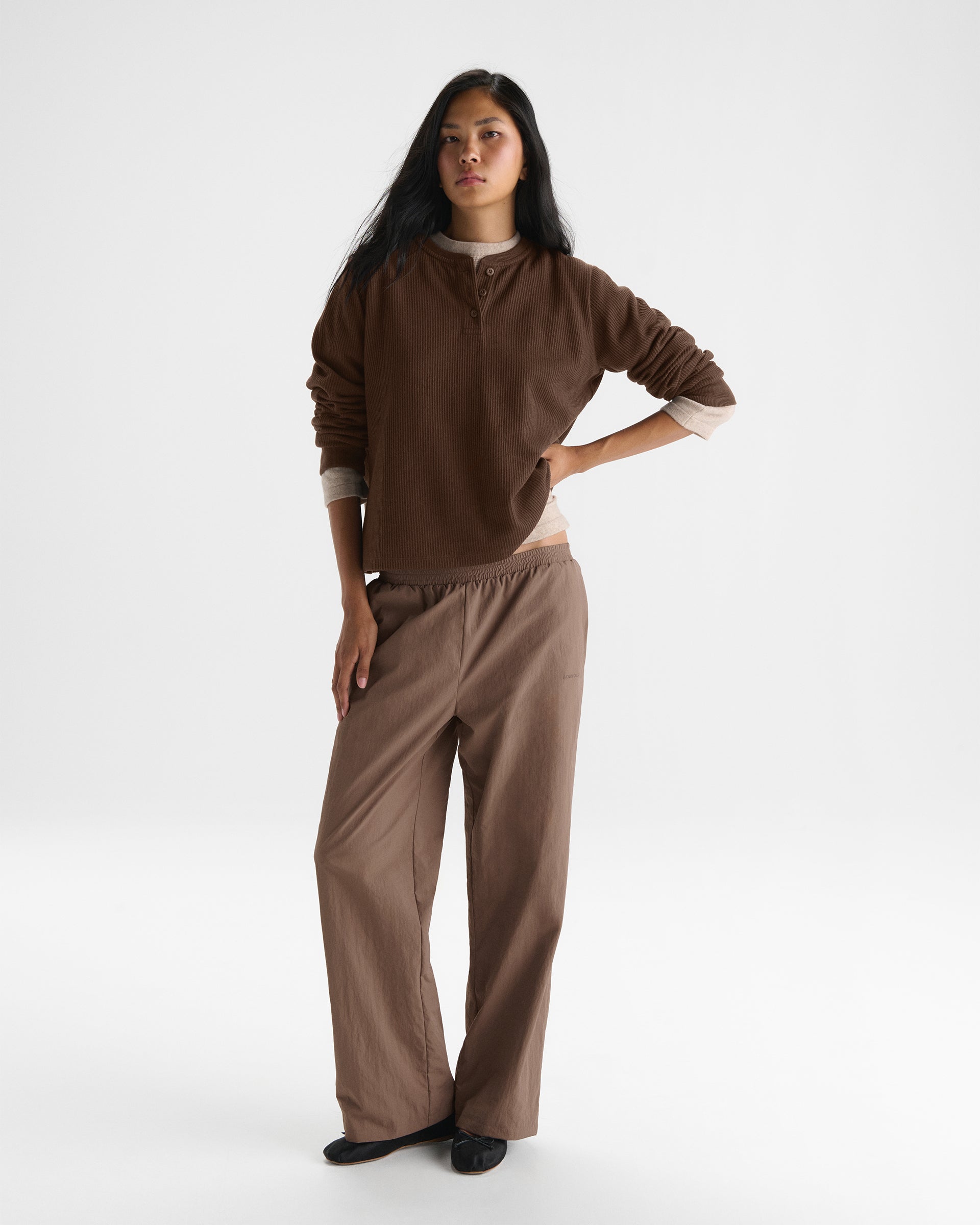 Long Sleeve Rib Henley Top - Chocolate Brown
