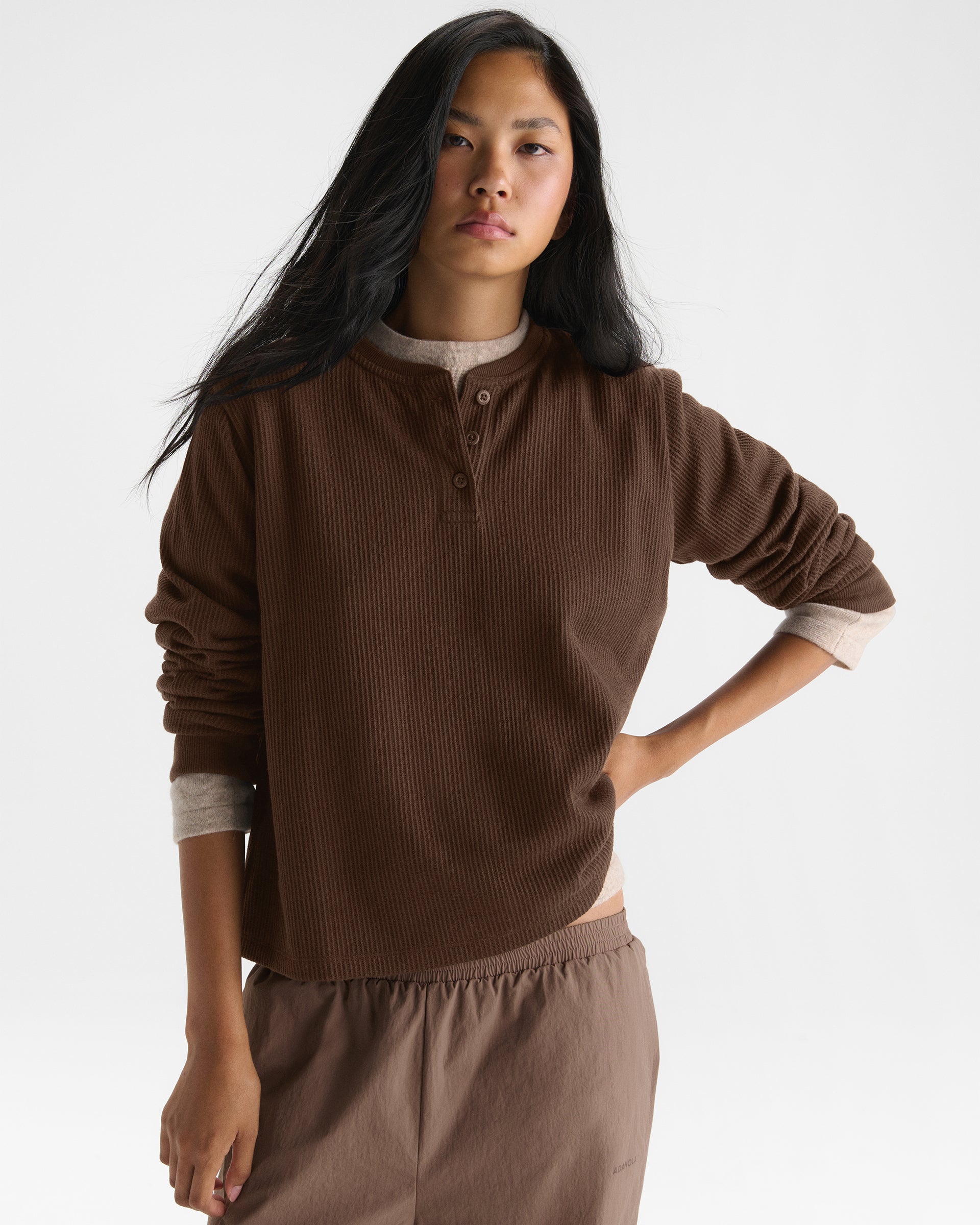Long Sleeve Rib Henley Top - Chocolate Brown