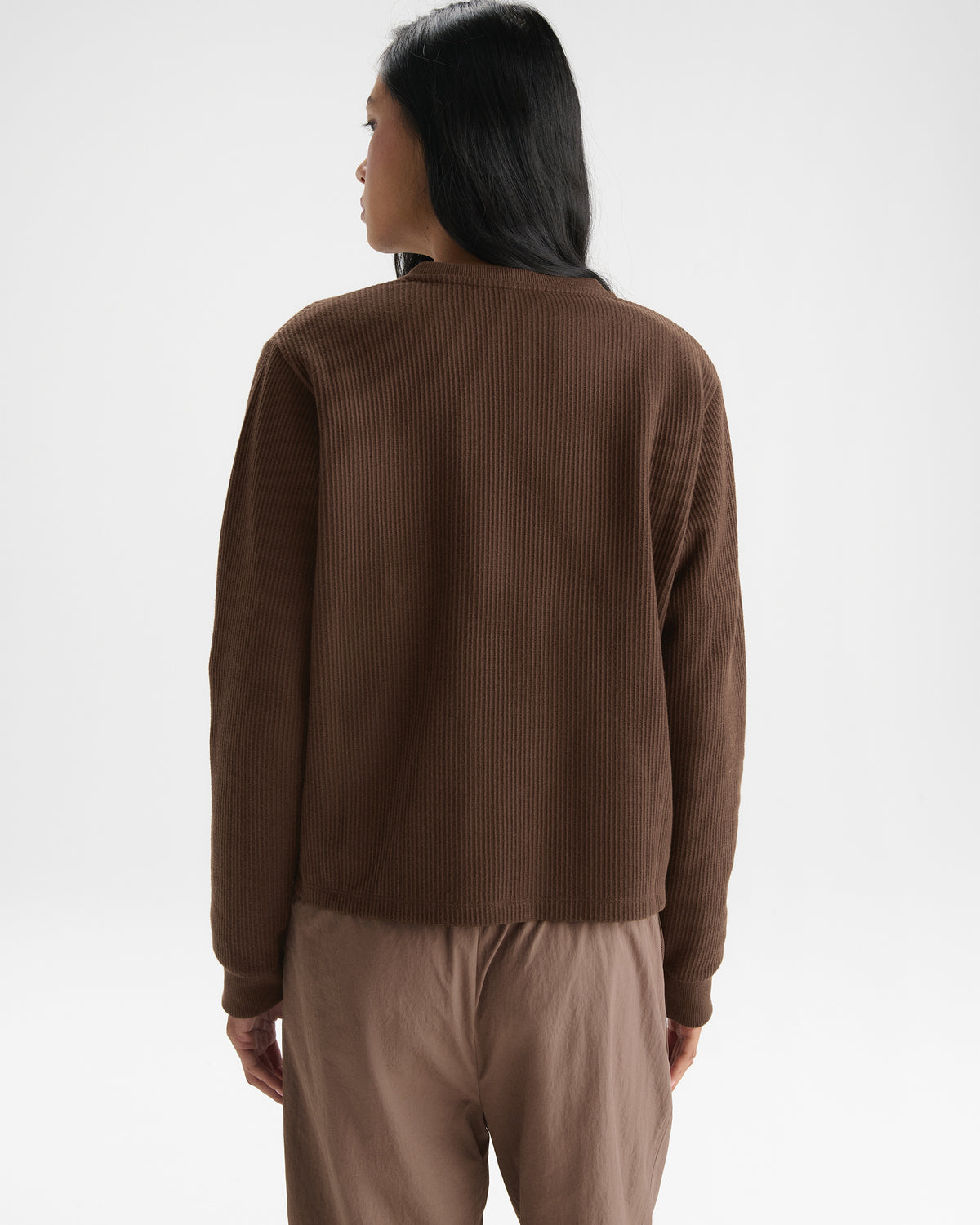 Long Sleeve Rib Henley Top - Chocolate Brown