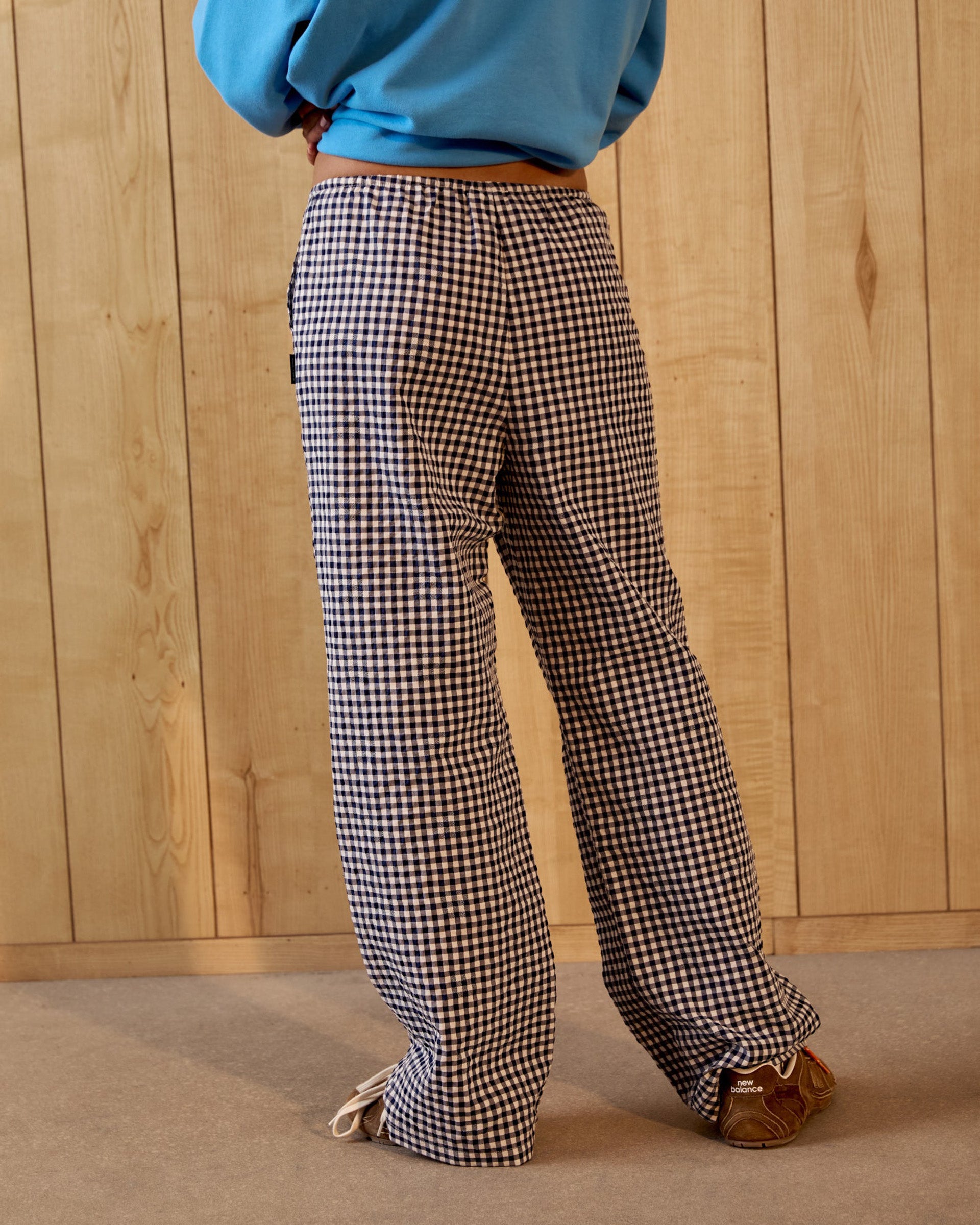 Gingham Drawstring Pants - Navy Blue/White