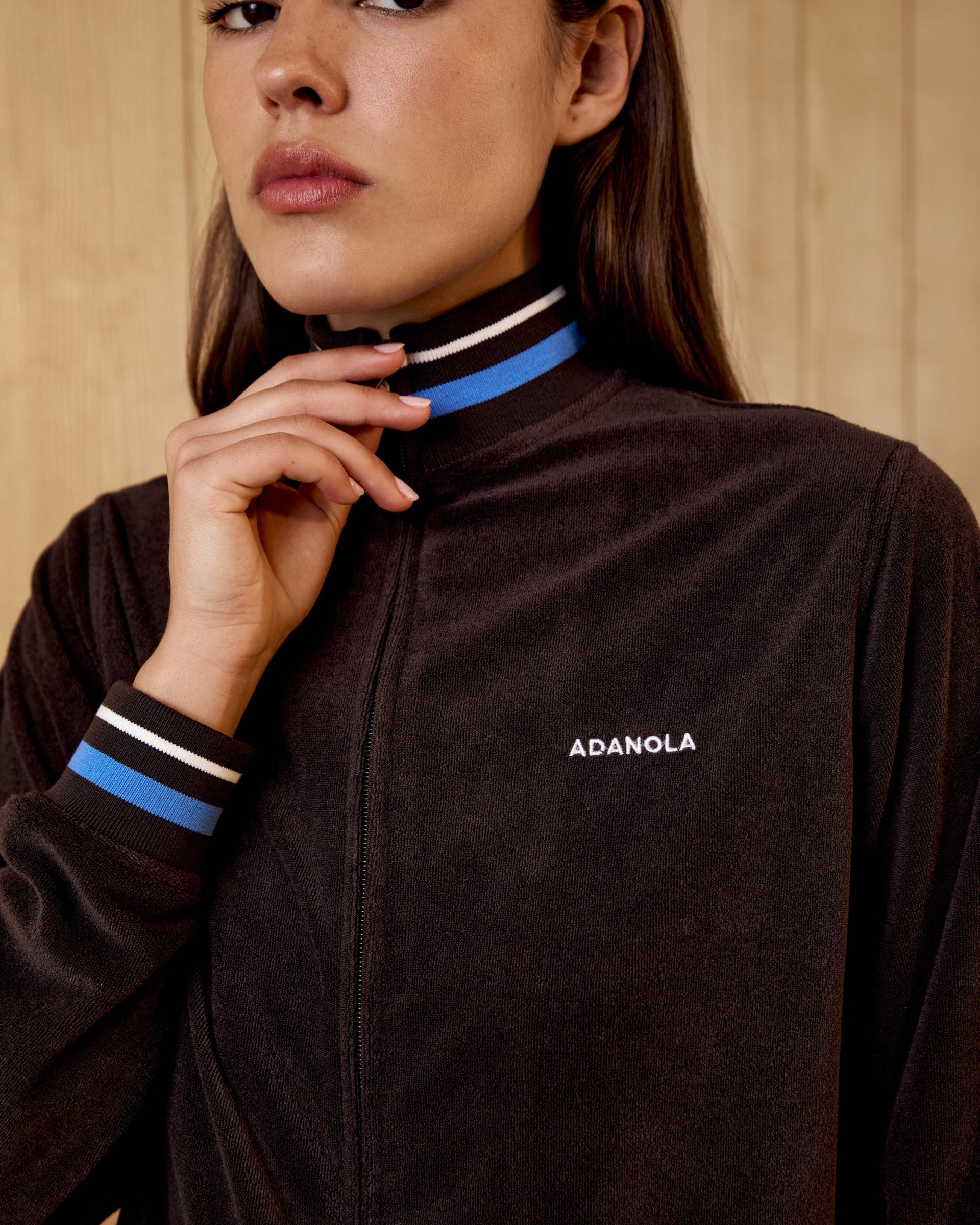 Terry Towelling Contrast Track Jacket - Coffee Bean/Blue