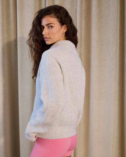 Knit Collar Cardigan - Light Grey Melange