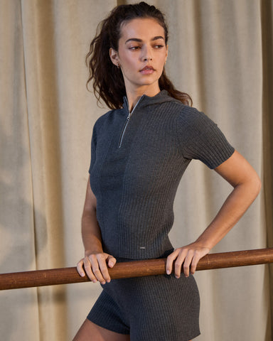 Rib Knit Quarter Zip Hooded Top - Graphite Grey