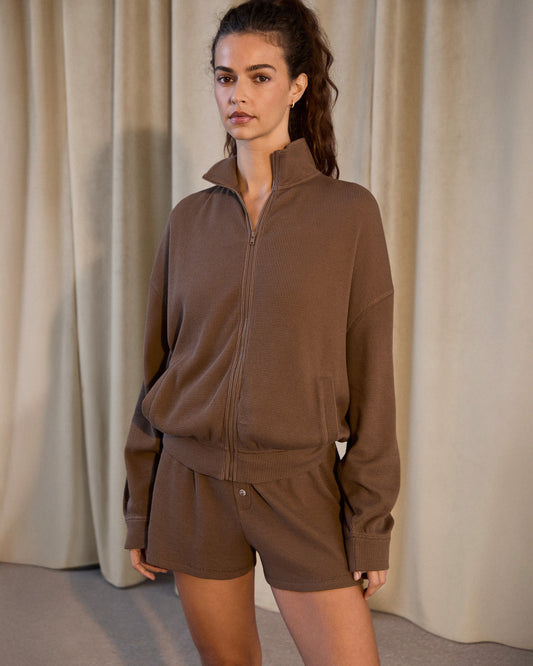 Waffle Full Zip Funnel Neck Sweatshirt - Mocha Brown