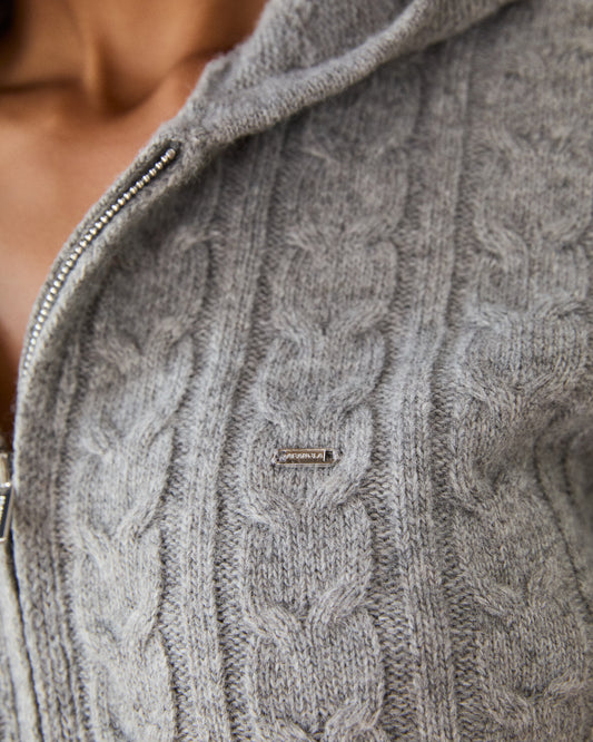 Cable Knit Zip Hoodie - Dark Grey Melange