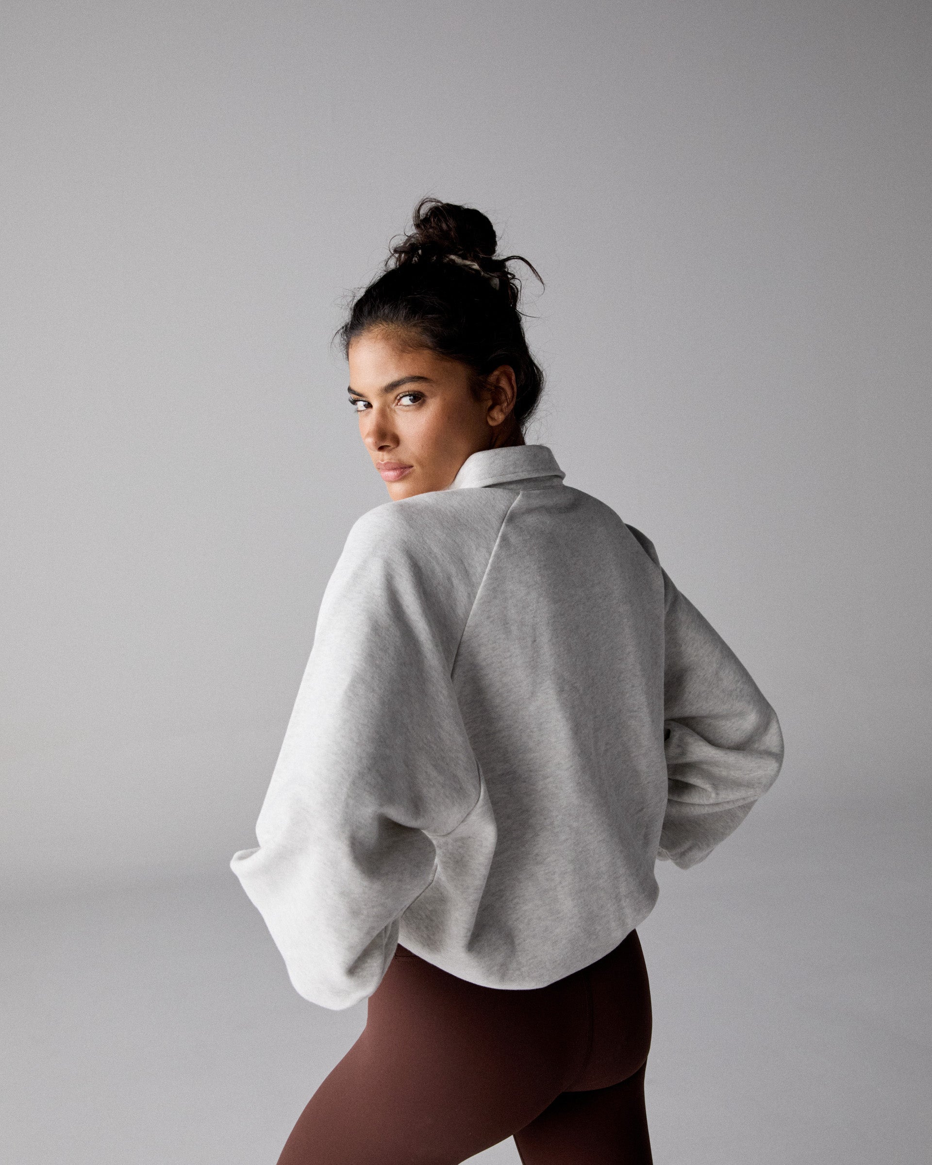 Slouchy Button Up Sweatshirt - Light Grey Melange
