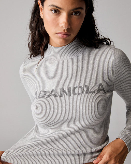 Branded Rib Knit Mock Neck Top - Light Grey Melange