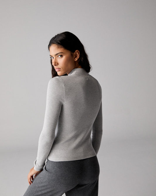 Branded Rib Knit Mock Neck Top - Light Grey Melange