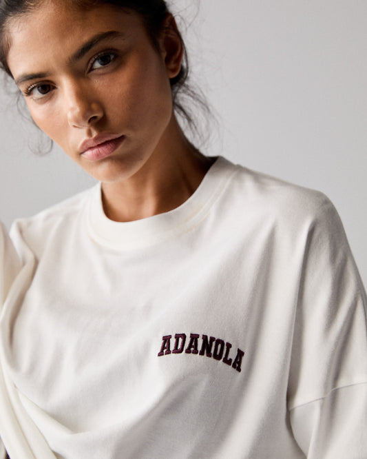 Varsity Long Sleeve Drop Shoulder T-shirt - White/Dark Cherry