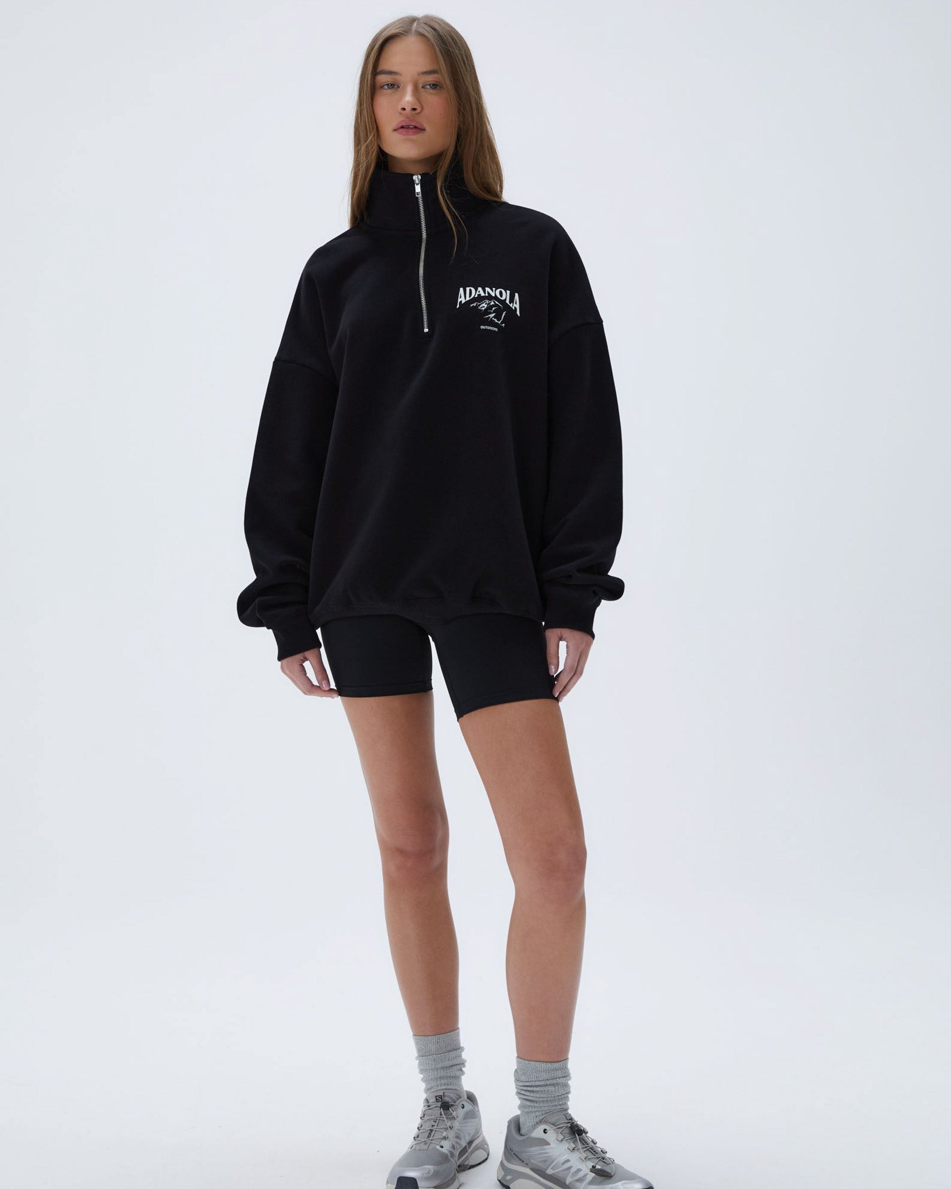 トップス ADANOLA Outdoors Oversized Funnel Neck Women's Half Zip Sweatshirt - Black | Adanola