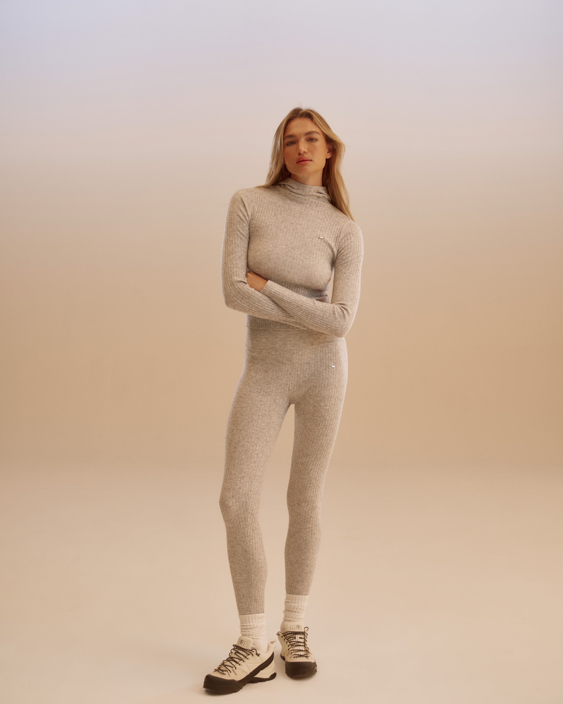 Rib Knit Merino Blend Leggings - Light Grey Melange