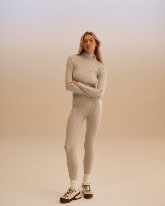 Rib Knit Merino Blend Leggings - Light Grey Melange