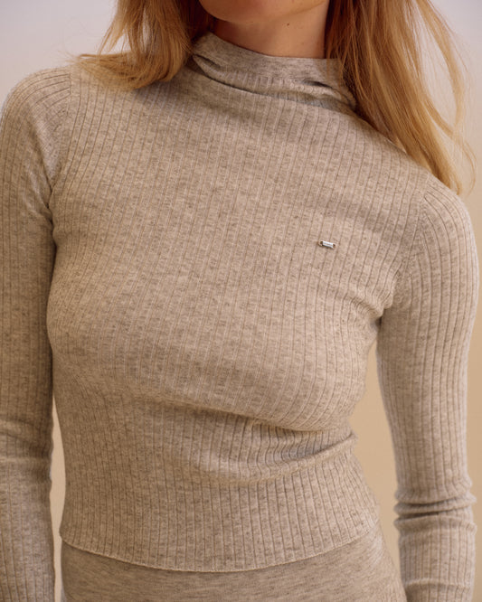 Rib Knit Merino Blend Hooded Top - Light Grey Melange