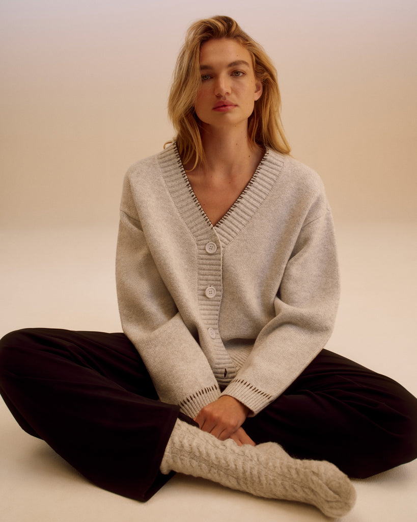 Knit Blanket Stitch Cardigan - Light Grey Melange