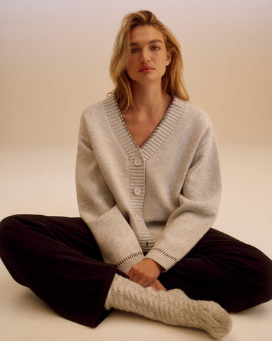 Knit Blanket Stitch Cardigan - Light Grey Melange