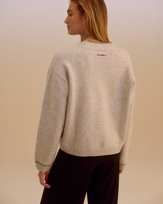 Knit Blanket Stitch Cardigan - Light Grey Melange