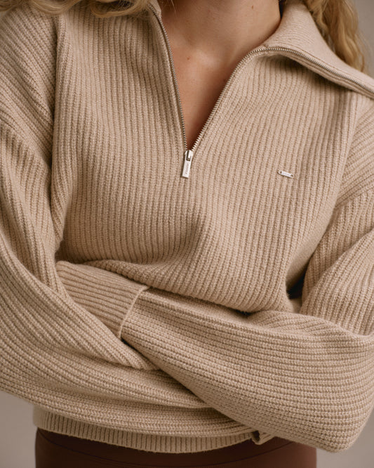 Knit Collared Quarter Zip Sweatshirt - Almond