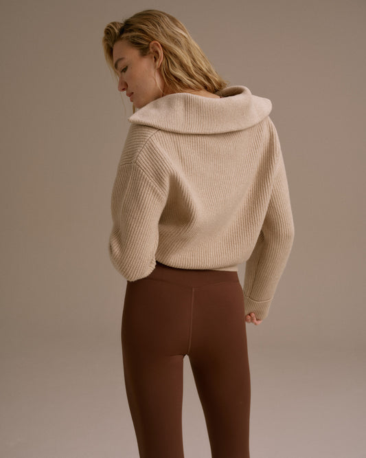 Knit Collared Quarter Zip Sweatshirt - Almond