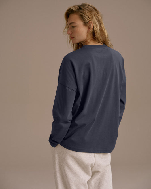 Varsity Long Sleeve Drop Shoulder T-shirt - Midnight Blue/Marshmallow White