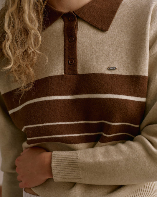 Knit Striped Rugby Sweatshirt - Beige/Brown