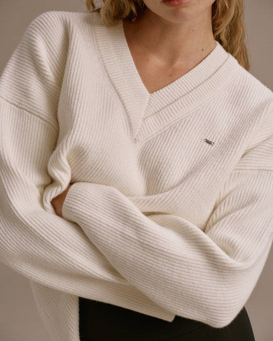 Knit Double V Neck Sweatshirt - Marshmallow White
