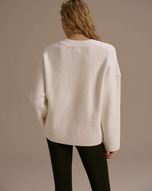 Knit Double V Neck Sweatshirt - Marshmallow White