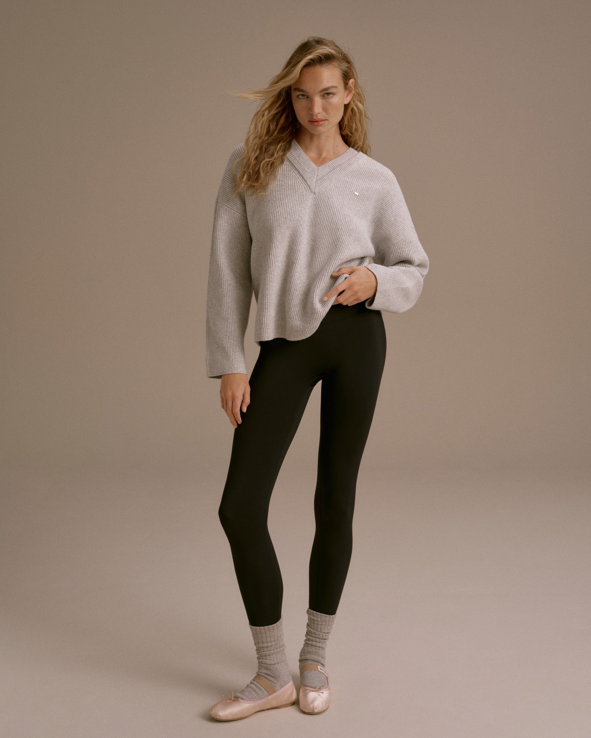 Knit Double V Neck Sweatshirt - Light Grey Melange