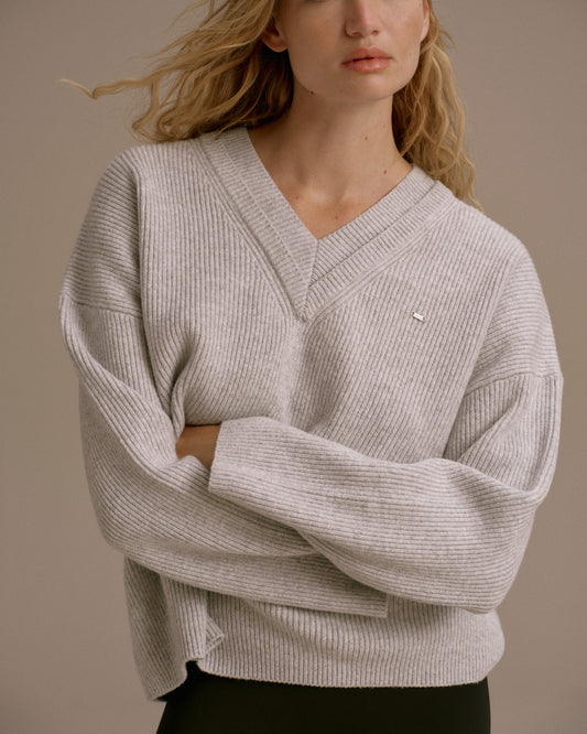 Knit Double V Neck Sweatshirt - Light Grey Melange