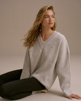Knit Double V Neck Sweatshirt - Light Grey Melange