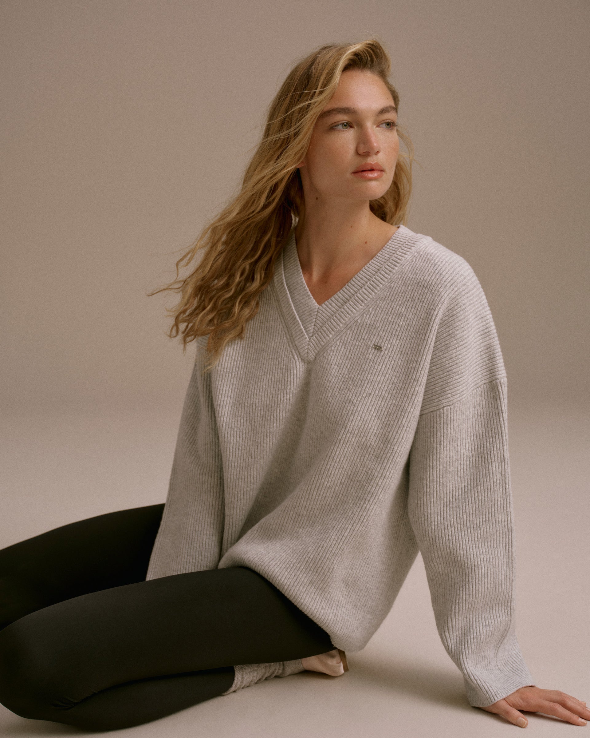 Knit Double V Neck Sweatshirt - Light Grey Melange
