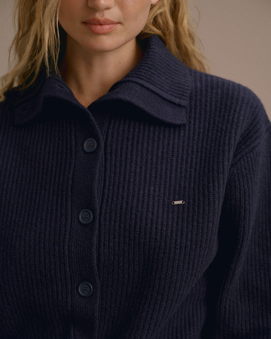 Knit Collar Cardigan - Navy Blue