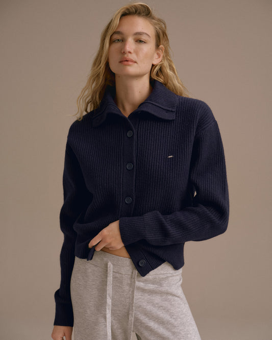 Knit Collar Cardigan - Navy Blue
