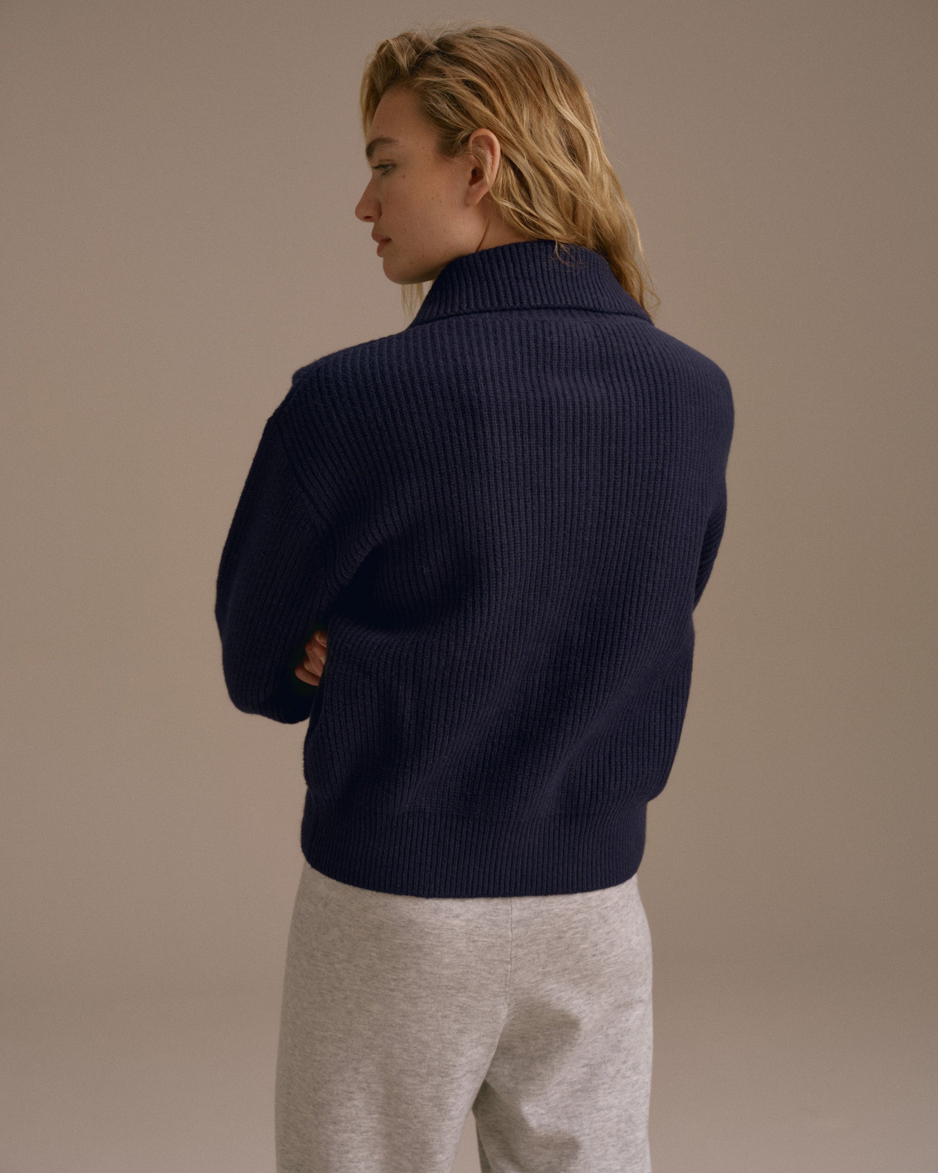 Knit Collar Cardigan - Navy Blue – Adanola