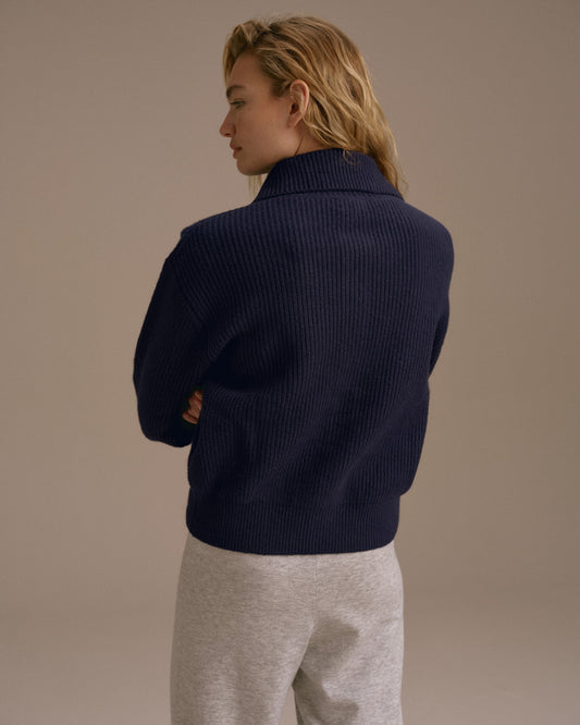 Knit Collar Cardigan - Navy Blue