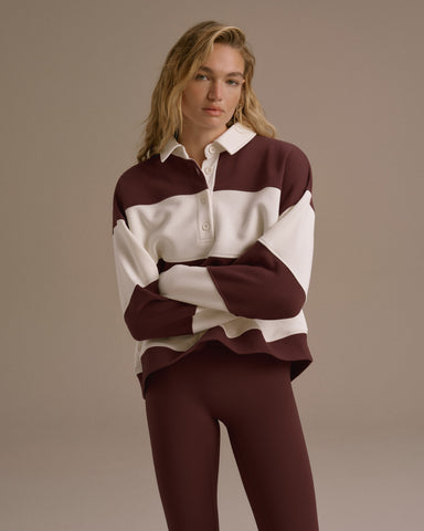 Stripe Oversized Henley Sweatshirt - Burgundy/Marshmallow White